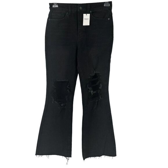 High Rise Distressed Flare Crop Jeans Black Denim Womens Size 30 Forever 21 NEW - Picture 1 of 7